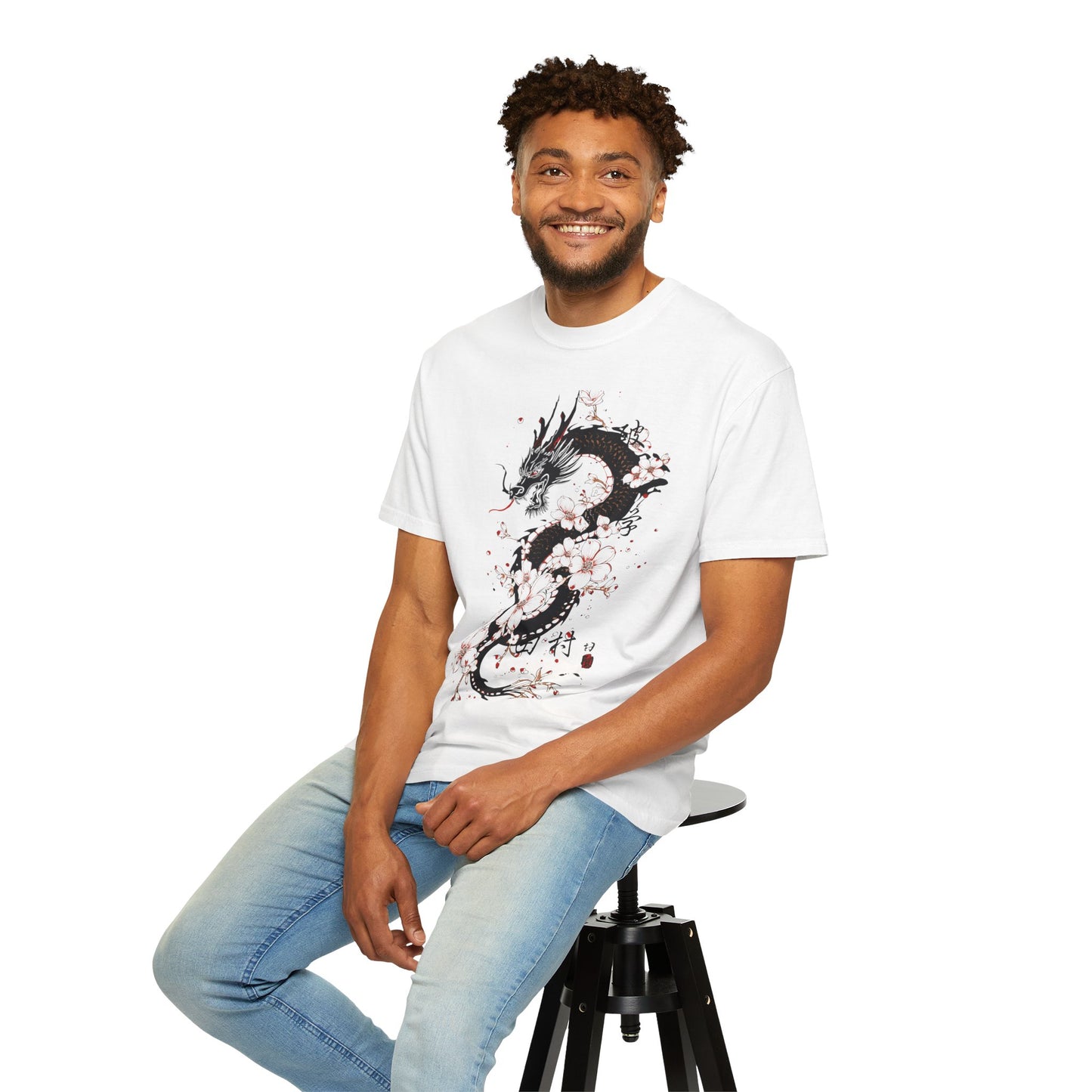 Dragon and Cherry Blossom T-Shirt — Oriental Ink-Style Graphic Tee