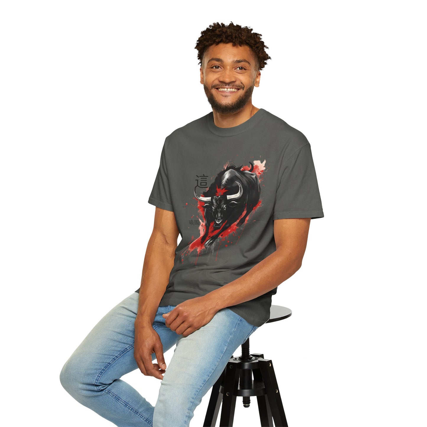 Bull Ink Splash T‑Shirt — Japanese Kanji Strength Graphic Tee
