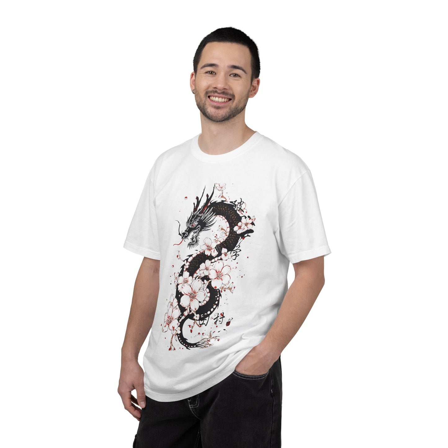 Dragon and Cherry Blossom T-Shirt — Oriental Ink-Style Graphic Tee
