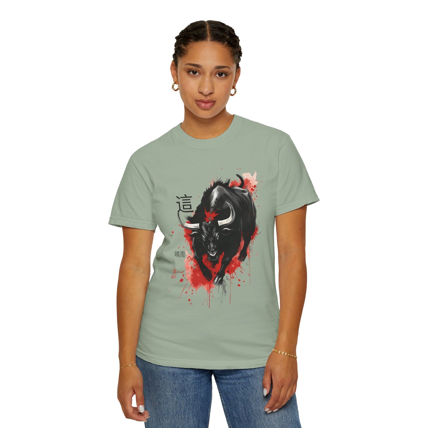 Bull Ink Splash T‑Shirt — Japanese Kanji Strength Graphic Tee