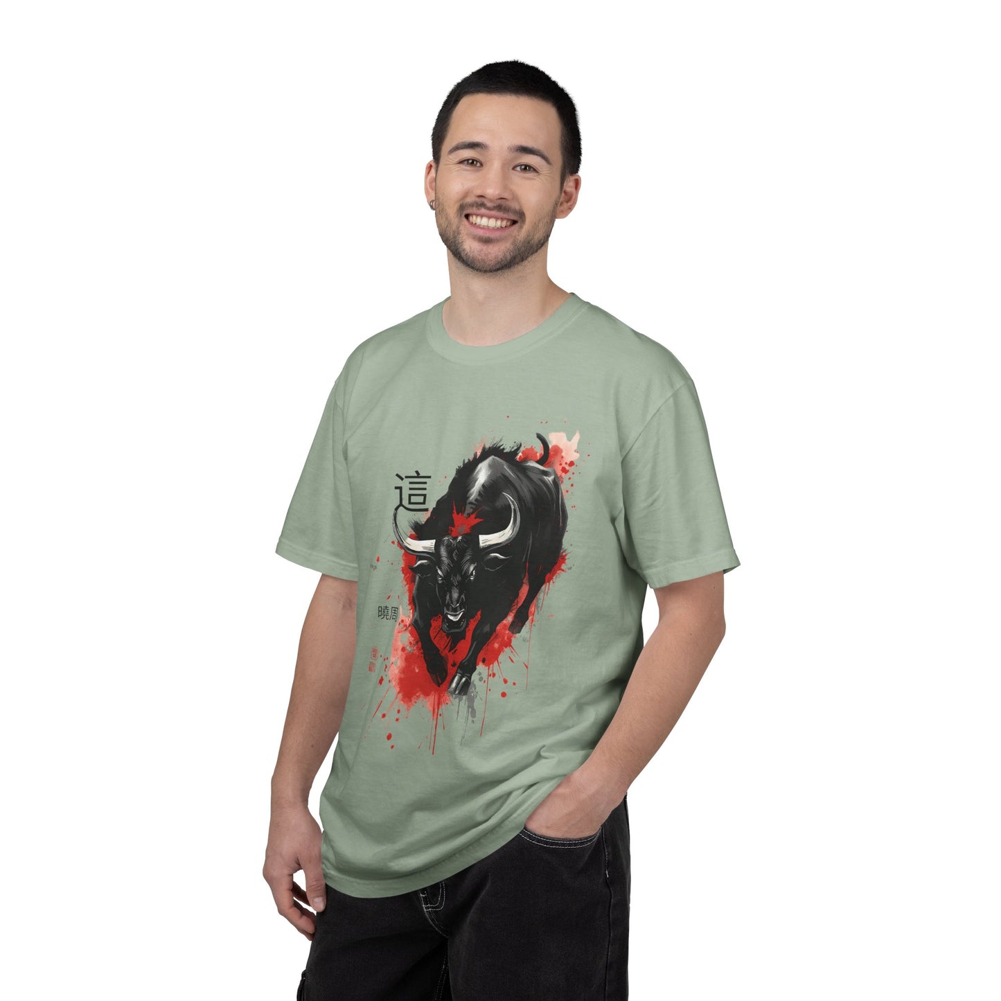 Bull Ink Splash T‑Shirt — Japanese Kanji Strength Graphic Tee