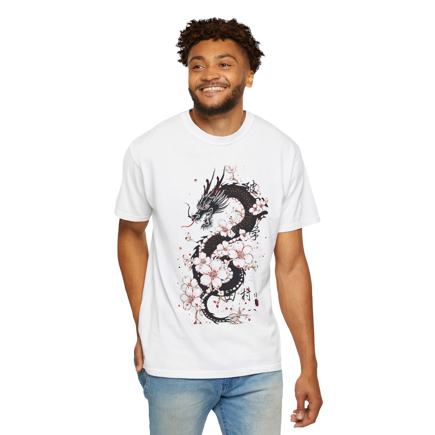 Dragon and Cherry Blossom T-Shirt — Oriental Ink-Style Graphic Tee