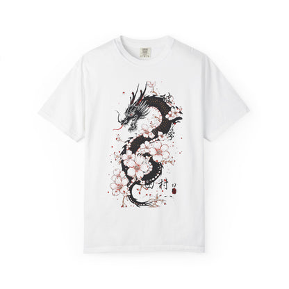 Dragon and Cherry Blossom T-Shirt — Oriental Ink-Style Graphic Tee