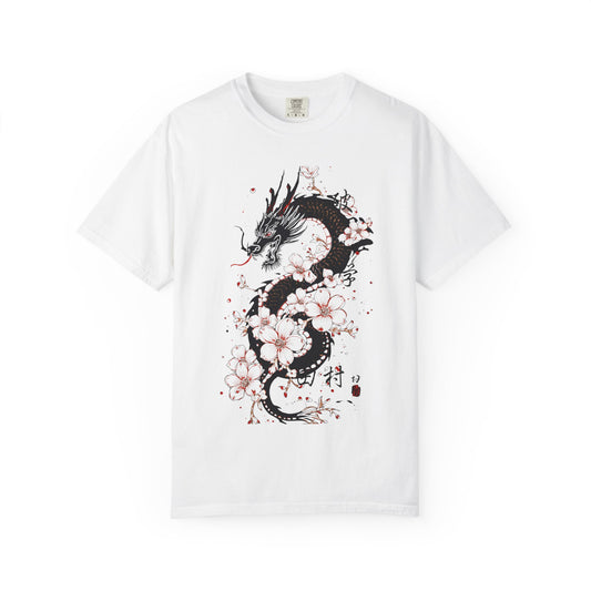 Dragon and Cherry Blossom T-Shirt — Oriental Ink-Style Graphic Tee